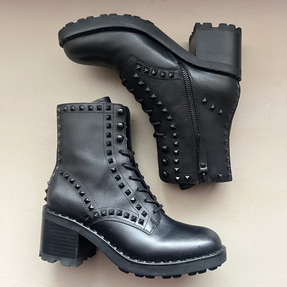 ASH Women 5 EU 35 Black Leather‎ Studded Lace Up Combat Boots Block Heel Grunge